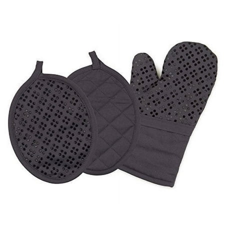 Sticky Toffee Oven Mitt and Pot Holders Cotton Set of 3, Silicone Non-Slip Kitchen Set, Gray