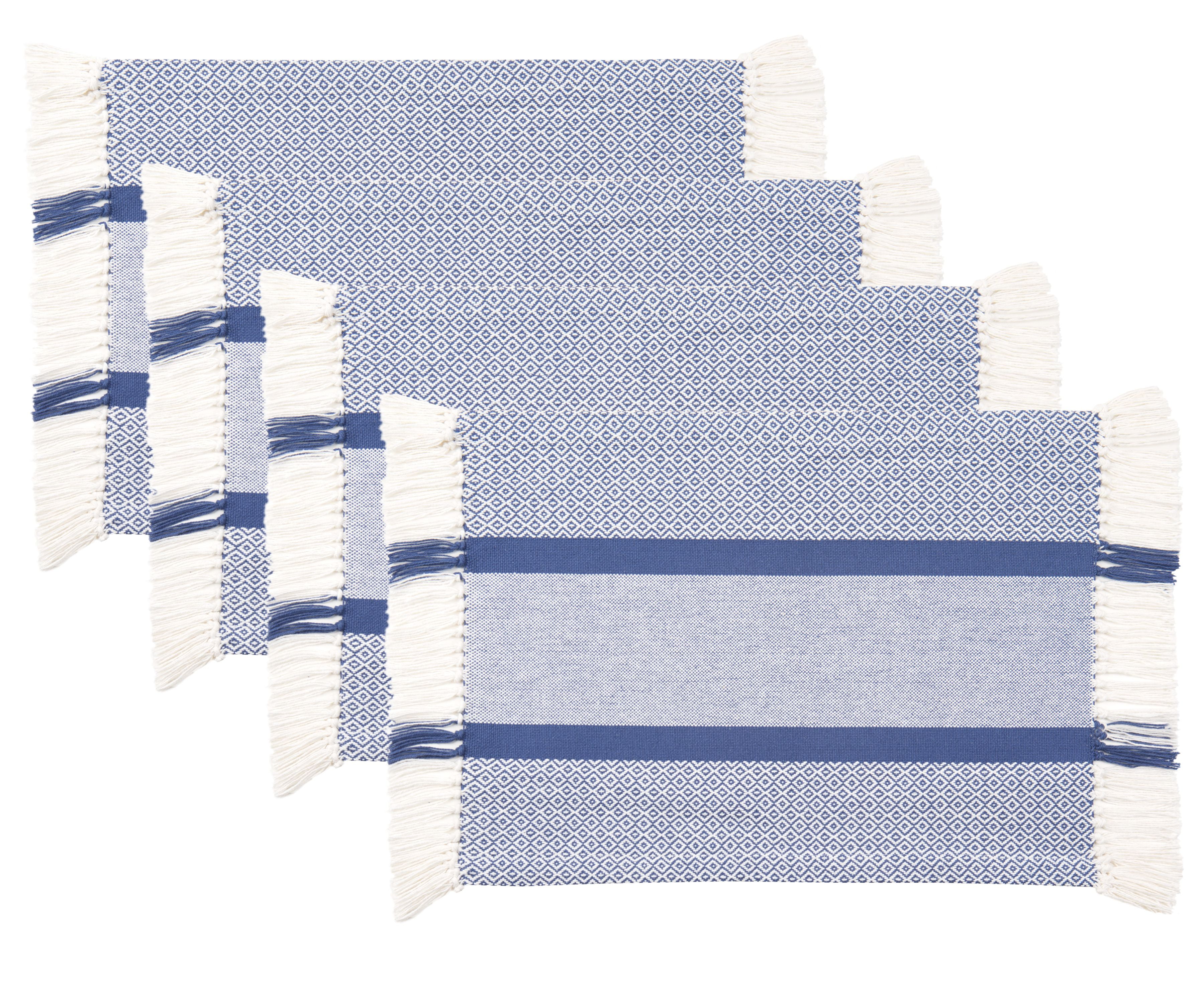 Blue Boho Cotton Woven Rectangular Placemats with Fringe, 14x19 in, Set of 4