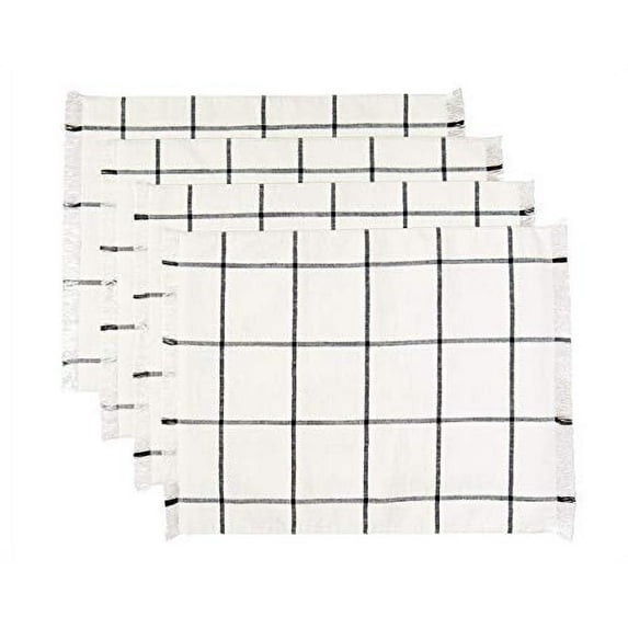 Sticky Toffee Placemats Set of 4, Woven Cotton Cloth Placemat Set, 14x19 in, Cream Farmhouse Plaid Place Mats for Kitchen or Dining Table
