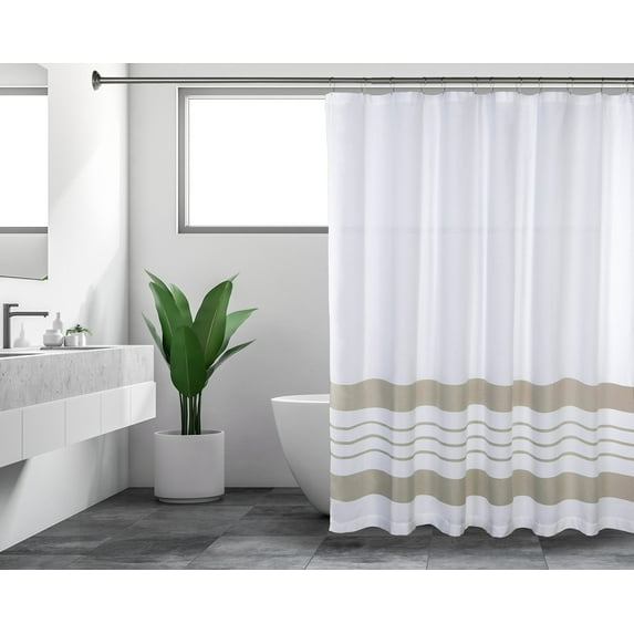 Sticky Toffee White Shower Curtain for Bathroom, Fabric Shower Curtains, 72x72 in, Farmhouse, Boho, White and Tan Striped Woven