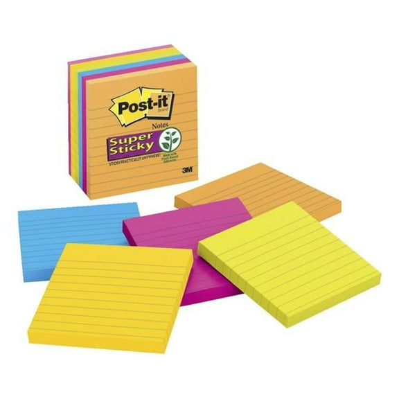 Sticky note 4 x 4 In. Lined Super Sticky Note Standard Pack, Jewel Pop, Pack - 6
