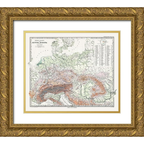 Stieler 13x12 Gold Ornate Wood Framed with Double Matting Museum Art Print Titled - Central Europe Elevations- Stieler 1885