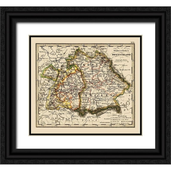 Stieler 22x20 Black Ornate Wood Framed with Double Matting Museum Art Print Titled - Southwest Germany - Stieler 1852