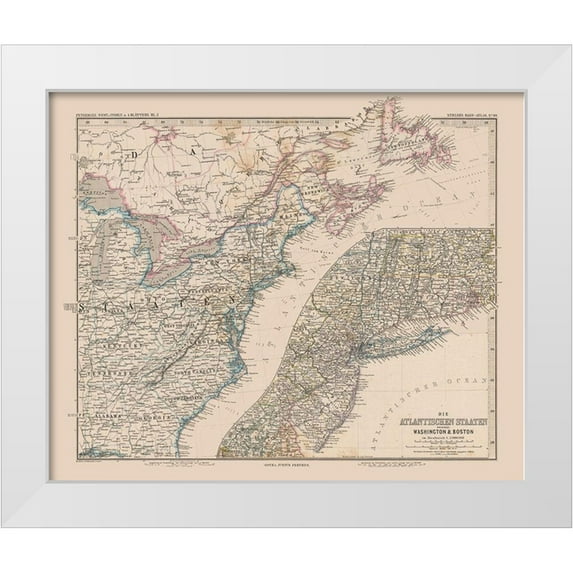 Stieler 31x26 White Modern Wood Framed Museum Art Print Titled - Eastern United States Canada - Stieler 1885