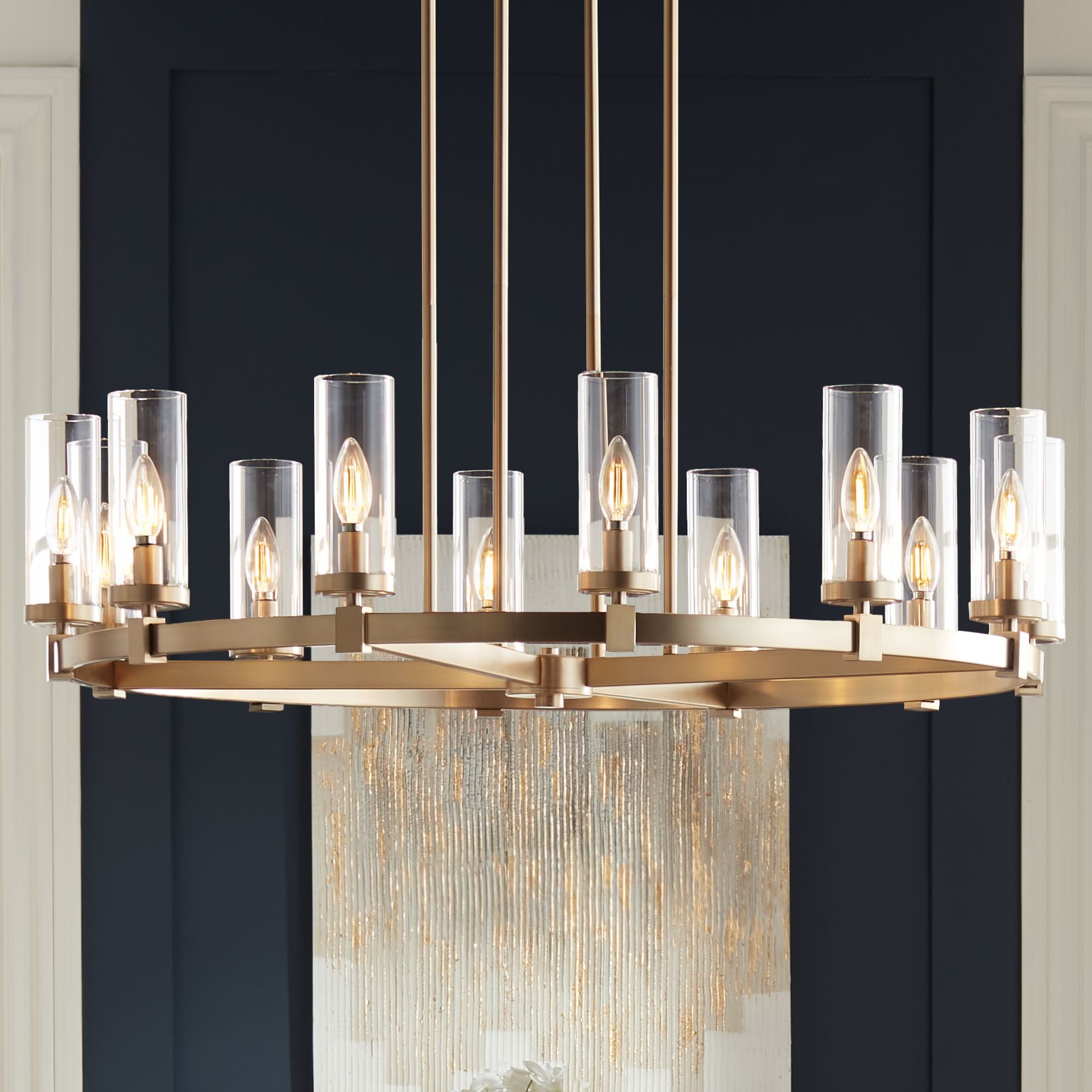 Aron 40" Brass Wagon Wheel Chandelier with Clear Glass Shades