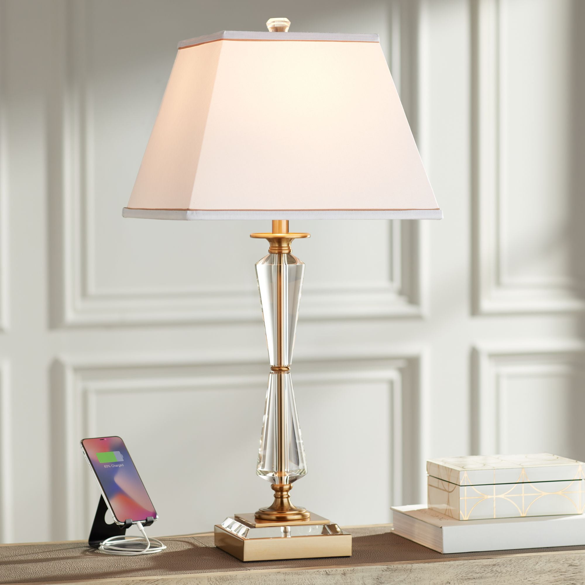 Stiffel Heath 31 5/8" Tall Large Traditional End Table Lamp USB Port Luxe Gold Finish Metal Crystal Single Living Room Charging