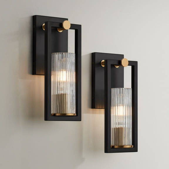Stiffel Industrial Modern Wall Light Sconces Set of 2 Black Warm Brass Hardwired 4 1/2" Fixture Clear Ribbed Glass Shade for Bedroom Bathroom Vanity