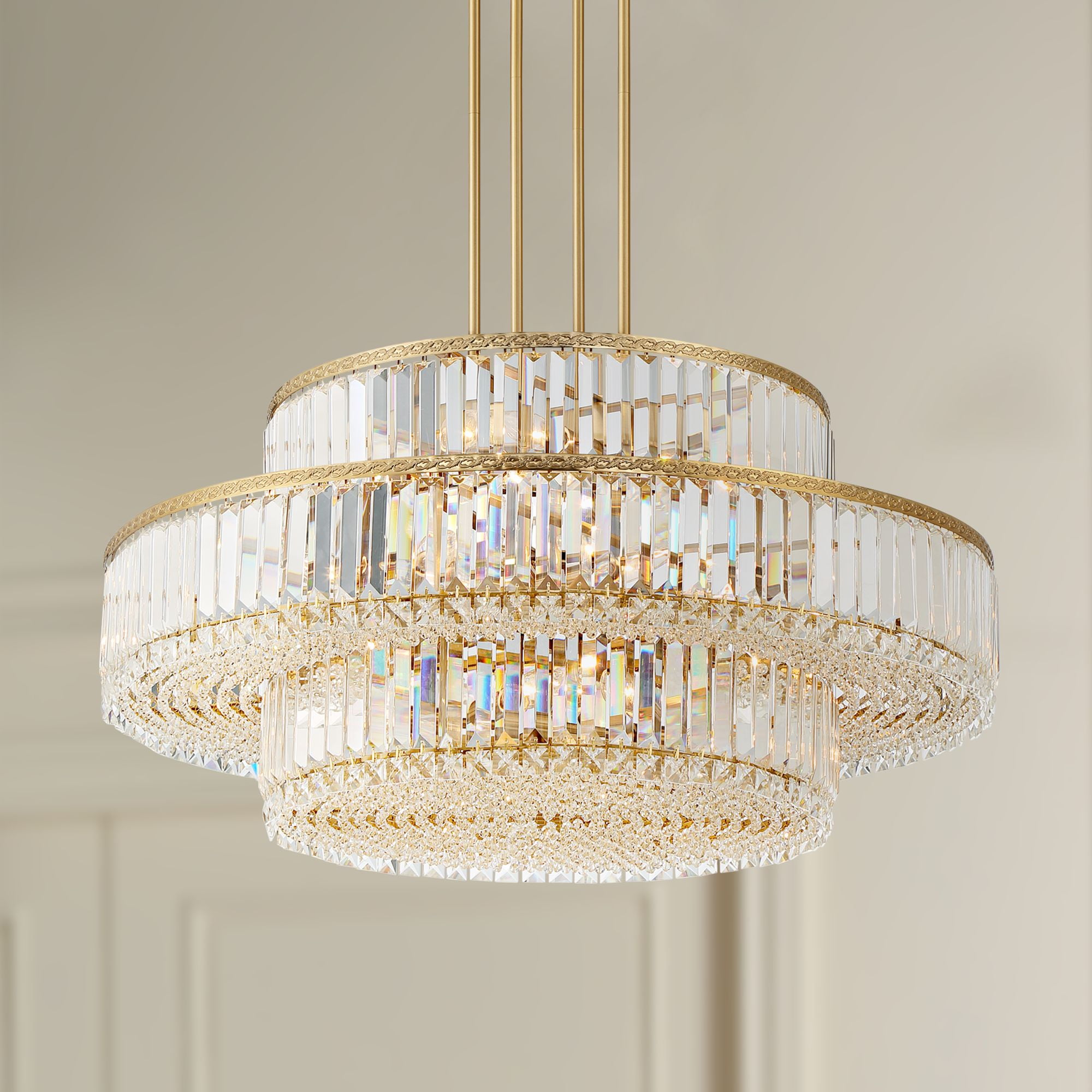 Soft Gold and Crystal 16-Light Three-Tier Chandelier