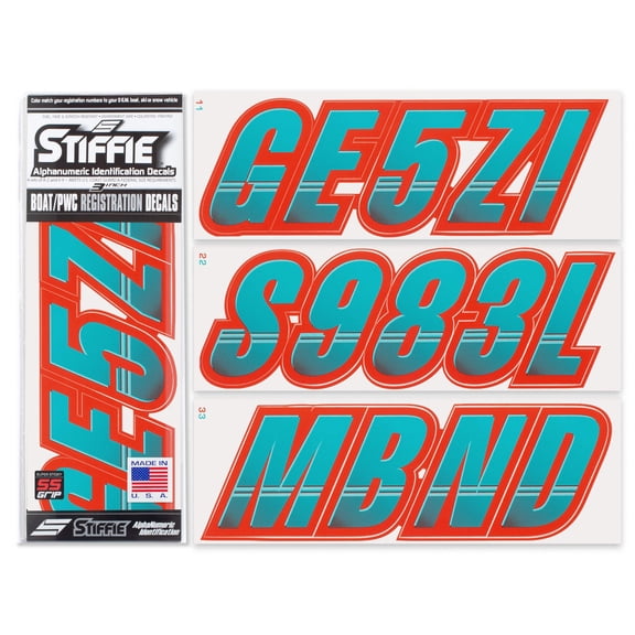 Stiffie Techtron Candy Blue/Lava Red Super Sticky 3" Alpha Numeric Registration Identification Numbers Stickers Decals for Sea-Doo Spark, Inflatable Boats, Ribs, Hypalon/PVC, PWC and Boats.
