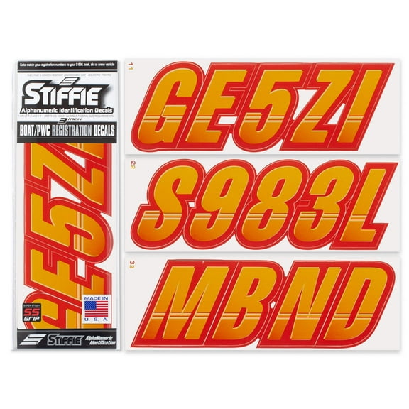 Stiffie Techtron Orange Crush/Red Super Sticky 3" Alpha Numeric Registration Identification Numbers Stickers Decals for Sea-Doo Spark, Inflatable Boats, Ribs, Hypalon/PVC, PWC and Boats.