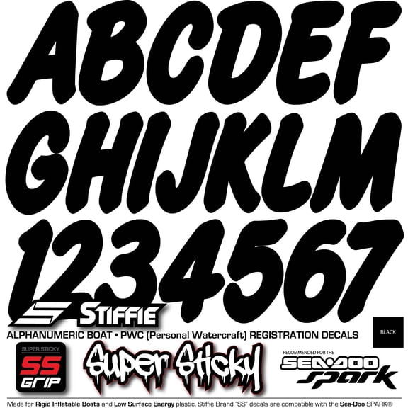 Stiffie Whip-One Black Super Sticky 3" Alpha Numeric Registration Identification Numbers Stickers Decals for Sea-Doo Spark, Inflatable Boats, Ribs, Hypalon/PVC, PWC and Boats