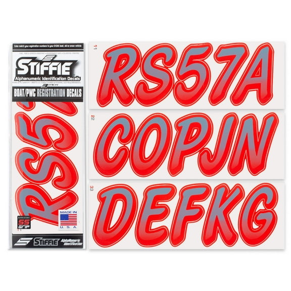 Stiffie Whipline Shark Gray/Lava Red Super Sticky 3" Alpha Numeric Registration Identification Numbers Stickers Decals for Sea-Doo Spark, Inflatable Boats, Ribs, Hypalon/PVC, PWC and Boats