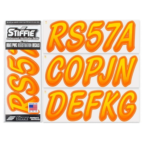 Stiffie Whipline Yellow/Orange 3" Alpha-Numeric Registration Identification Numbers Stickers Decals for Boats & Personal Watercraft