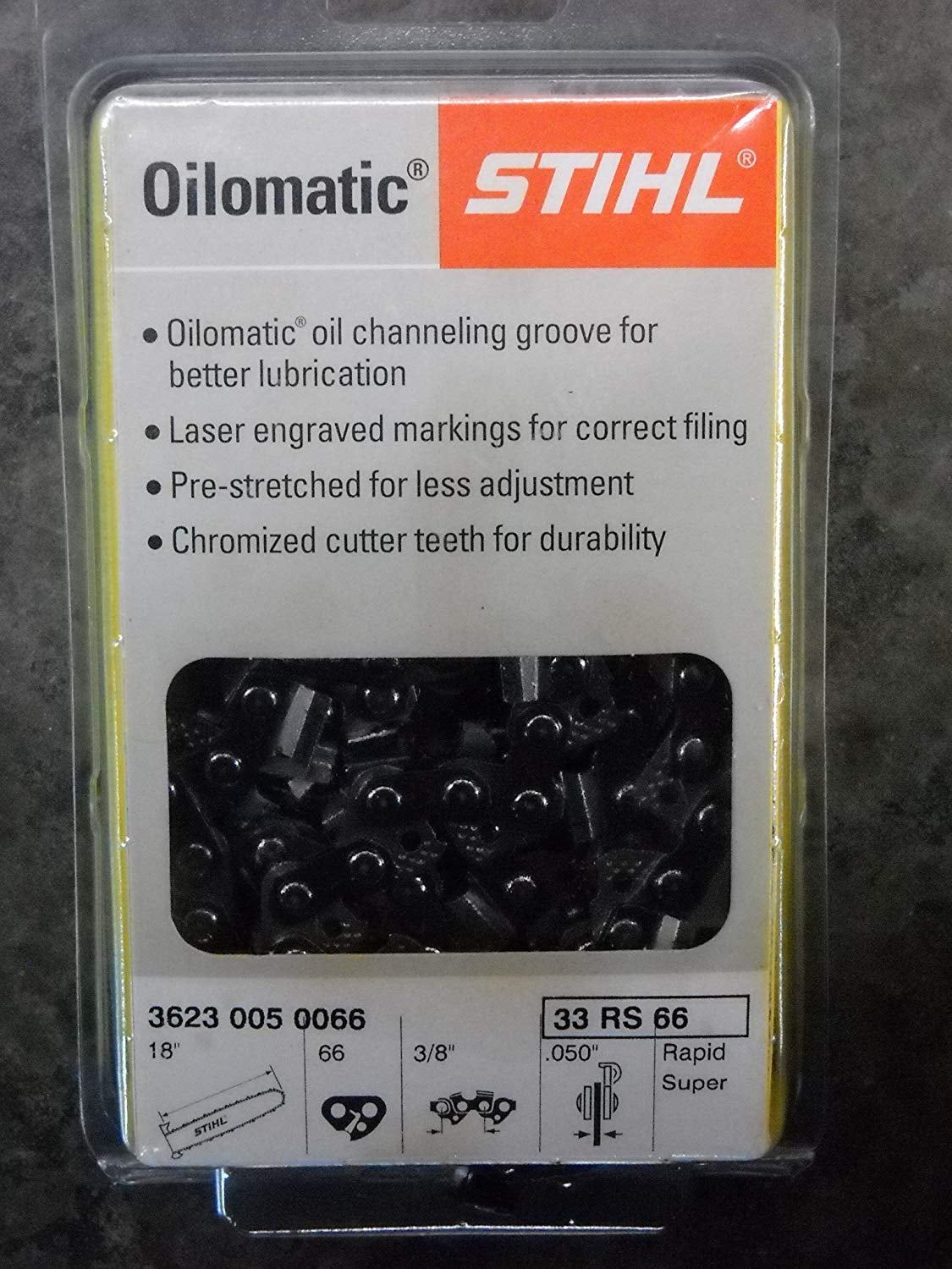 Stihl Chainsaw Chain- 33RS66- 18 Inch, 66 Drive Links, 3/8 Pitch, .050 Gauge