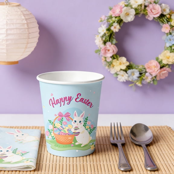 Stijggn 10Pcs Easter Paper Cups Easter Party Supplies Colorful Eggs Cute Bunny Rabbit Disposable Cups Seasonal Spring Party Cups for Home, Mouthwash Rinse, Snack, Spring Picnic, Festive Gathering