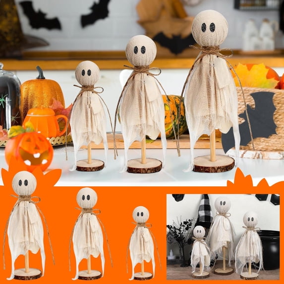 Stijggn 3PC Wooden Halloween decor Halloween Decor Wooden Ghosts Decor, Wooden Ghost Theme Table Centerpieces for Party Home Shelf Display