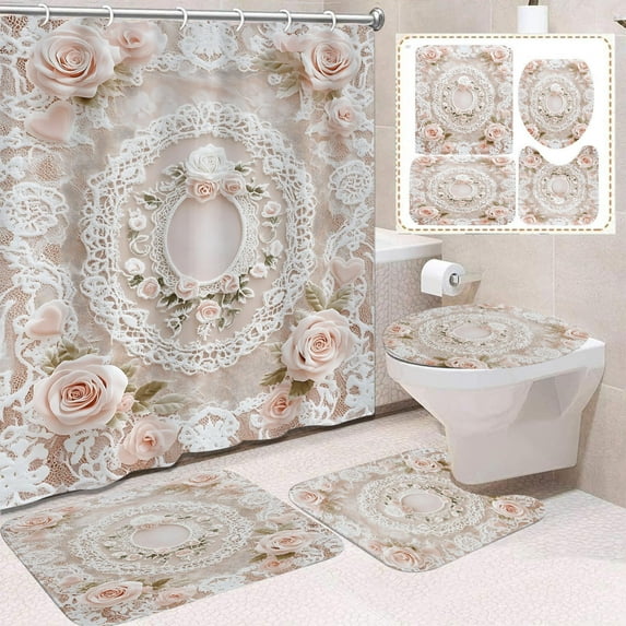 Stijggn 4 Pcs Valentines Day Shower Curtain Set Floral Sweet Love Hearts Shower Curtain with Non-Slip Bath Rugs, Toilet Lid Cover Valentines Day Bathroom Decorations