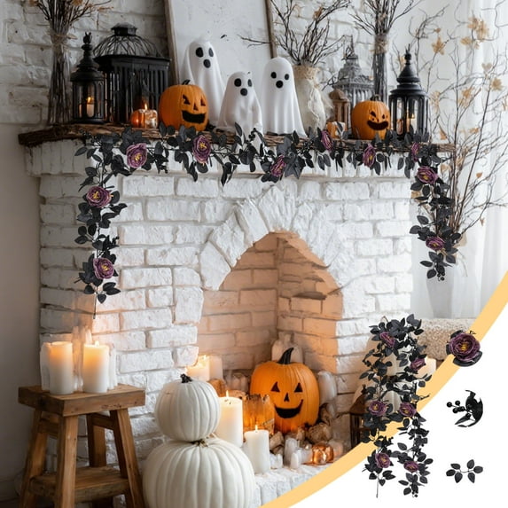 Stijggn Black Leaf Garland Fall Decor Thanksgiving Fireplace Decor Artificial Autumn Leaves Halloween Garlands Front Door Fall Decor Thanksgiving Decorations Decor Outside Indoor Decor