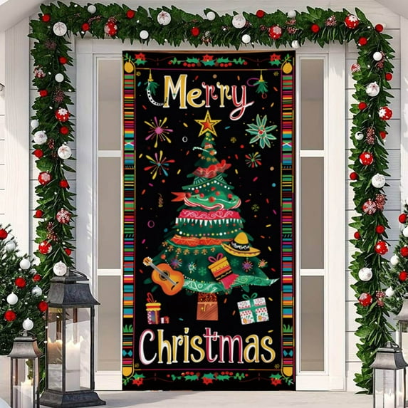 Stijggn Christmas Door Tapestries Christmas Decor Xmas Tree Door Cover Banner Merry Christmas Door Hanging Backdrop Decorations for Home Indoor Outdoor Winter Holiday Party Decor