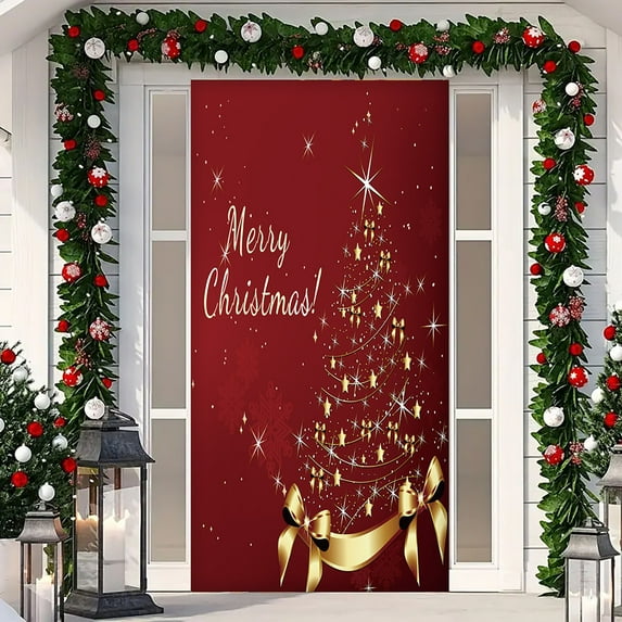 Stijggn Christmas Door Tapestries Christmas Party Decorations Xmas Tree Door Cover Banner Merry Christmas Door Hanging Backdrop Decorations for Winter Indoor Outside Front Door Banner