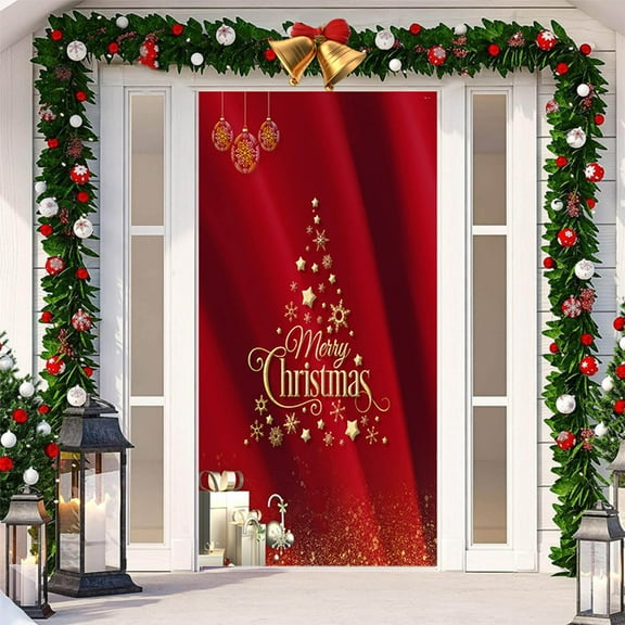 Stijggn Christmas Front Door Cover Christmas Decorations Xmas Tree Door Cover Banner Merry Christmas Door Hanging Backdrop Decorations for Winter Indoor Outside Front Door Banner