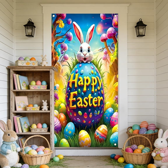 Stijggn Easter Banner Holiday Front Door Cover Cute Rabbit Door Party Decoration Supplies Spring Easter Holiday Party Photography Background Decoration for Door Porch Sign