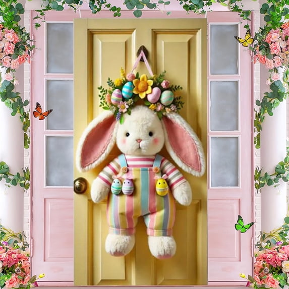 Stijggn Easter Banner Holiday Front Door Cover Easter Door Decorations Happy Easter Door Cover Bunny Egg Front Door Easter Decorations for Holy Week Church Home Wall Outdoor Lent Decor