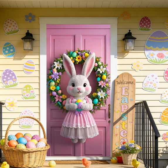 Stijggn Easter Banner Holiday Front Door Cover Spring Door Banner Easter Bunny Door Decorative Colorful Flower Rabbit Background for Spring Easter Front Door Porch Sign Banner Decor