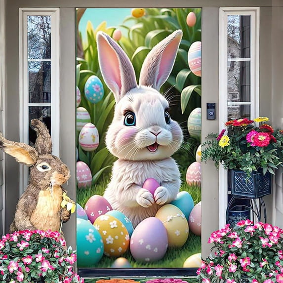 Stijggn Easter Door Cover Easter Decorations Easter Door Decorations Happy Easter Door Cover Bunny Egg Front Door Easter Decorations for Home Indoor Outdoor Farmhouse