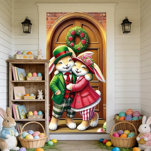 Stijggn Easter Door Cover Easter Decorations Spring Door Banner Easter Bunny Door Decorative Colorful Flower Rabbit Background for Home Party Supplies