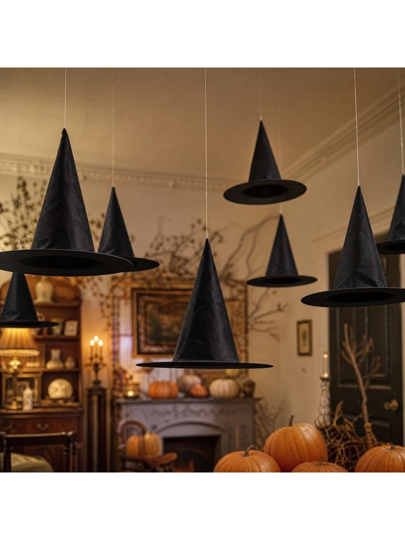 Halloween Witch Hat, Black Hanging Witch Hats with Rope, Witch Costume Accessories Floating, Witches Hat with Hanging Rope for Porch Yard Indoor Outdoor Halloween Party Decor