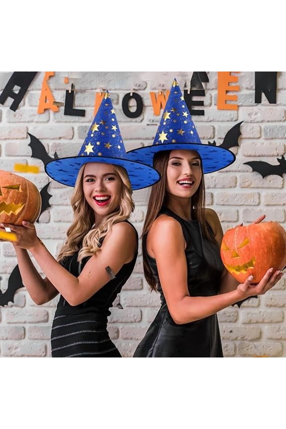 Halloween Witch Hat Century Star Witch Hat, Wizard Hat with Gold Star Party Hats for Adults Halloween Costume Accessories, For B*oys G*irls Women Star Print Wizard Hat Decoration(Black)