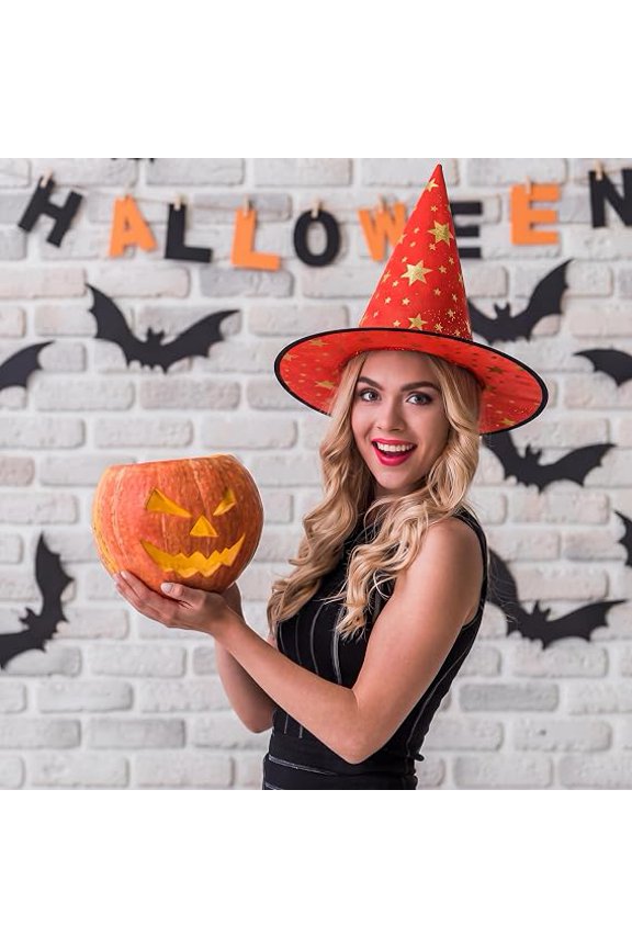 Halloween Witch Hat Century Star Witch Hat, Wizard Hat with Gold Star Party Hats for Adults Halloween Costume Accessories, For B*oys G*irls Women Star Print Wizard Hat Decoration(Black)