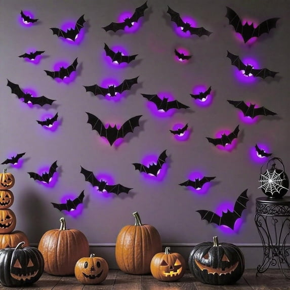 Stijggn LED Halloween Decor Indoor Led Bats Halloween Decor 4 Different Size Removable PVC Wall Sticker for Indoor Home Window Decor Party Supplies