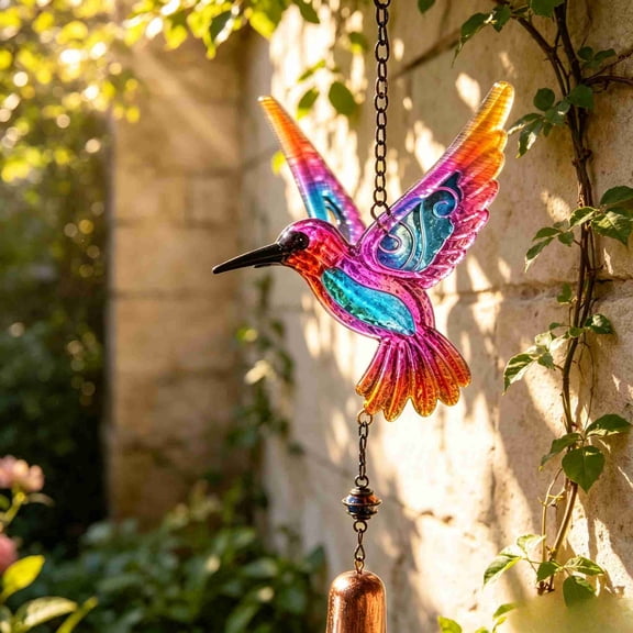 Stijggn Metal Hummingbird Decor with Bell Small Wind Chimes for Outside, Wind Chimes Hummingbird, Glass Painting Hanging Bird Shaped Ornament, for Patio Window Sill Porch Garden(Purple)