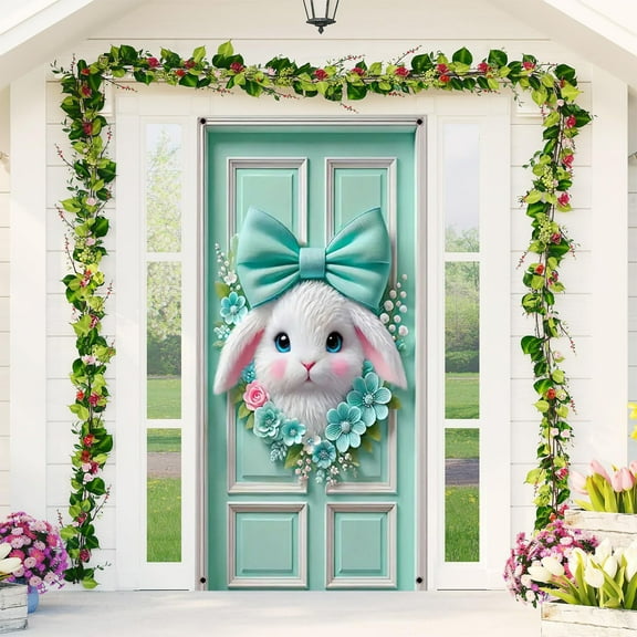 Stijggn Spring Door Covers Decorative Easter Decorations Easter Eggs Bunny Door Banner for Spring Easter Front Door Porch Sign Banner Decor