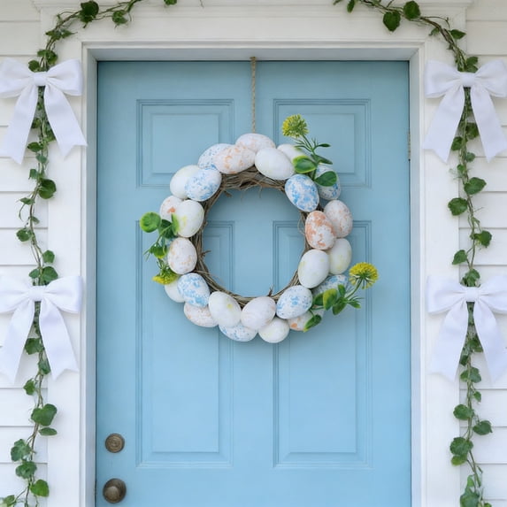 Stijggn Spring Door Wreath Easter Decorations 18 Inch Spring Floral Wreath with Colorful Eggs, Daisy & Eucalyptus Greenery for Front Door Outside Wall Window Decor