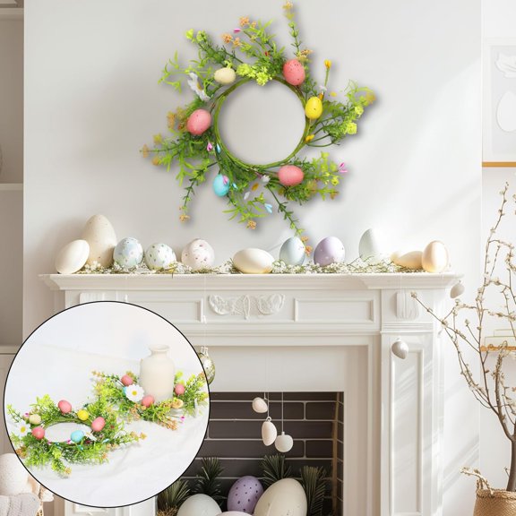 Stijggn Spring Door Wreath Easter Decorations Easter Wreaths for Front Door with Colorful Egg Yellow Daisy Purple Lavender and Butterflies for Home, Easter, Wedding
