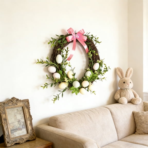 Stijggn Spring Door Wreath Easter Decorations Large Easter Wreath for Front Door with Cute Rabbit Carrot Eggs Flowers Bow Sign for Home, Easter, Wedding