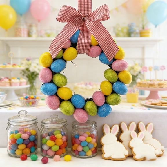 Stijggn Spring Wreath Easter Decor 18 Inch Spring Floral Wreath with Colorful Eggs, Daisy & Eucalyptus Greenery for Porch Window Farmhouse Party Decoration