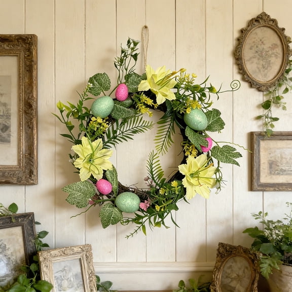 Stijggn Spring Wreath Easter Decor Large Easter Wreath for Front Door with Cute Rabbit Carrot Eggs Flowers Bow Sign for Front Door Outside Wall Window Decor