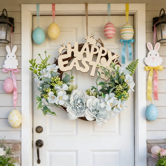 Stijggn Spring Wreath Easter Decorations Easter Egg Door Wreath Decorations, Spring Wreaths with Pastel Eggs Flowers Eucalyptus Leaves for Porch Window Farmhouse Party Decoration