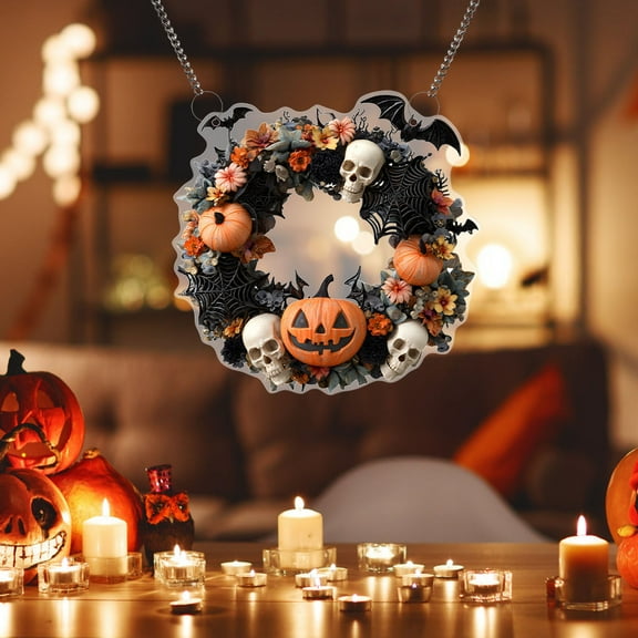 Stijggn Suncatcher Hanging Window Decor Halloween Outdoor Decorations Halloween Glitter Pumpkin Wreath with Balls & Berries, Black Roses Gifts for Mom