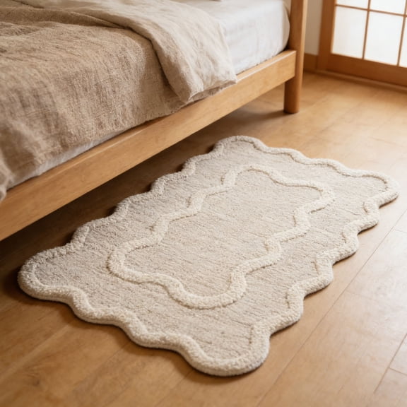 Stijggn Welcome Door Mat 23.6x15.7inch Bath Mat Grey Scalloped Edge, Microfiber Aesthetic Trendy Funky Fun Preppy Rug, Extra Soft Bathroom Mat Non-Slip for Tub, Shower, and Bath Room