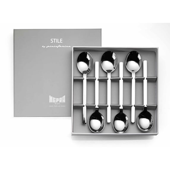 Mepra Stile 6 Piece Coffee Spoon Gift Box Set - Italian Made 18/10 Stainless Steel Fine Dining Flatware - Elegant Cutlery Pieces For Hosting and Wedding Gift Registry