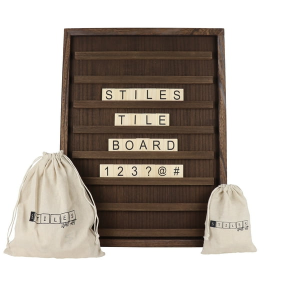 Stiles Tile Letter Board Set, Wooden Message Board with 122 Letters and Numbers for Celebrations, Baby Announcements, or Milestones, 23.6 by 17.7 Inches, Walnut