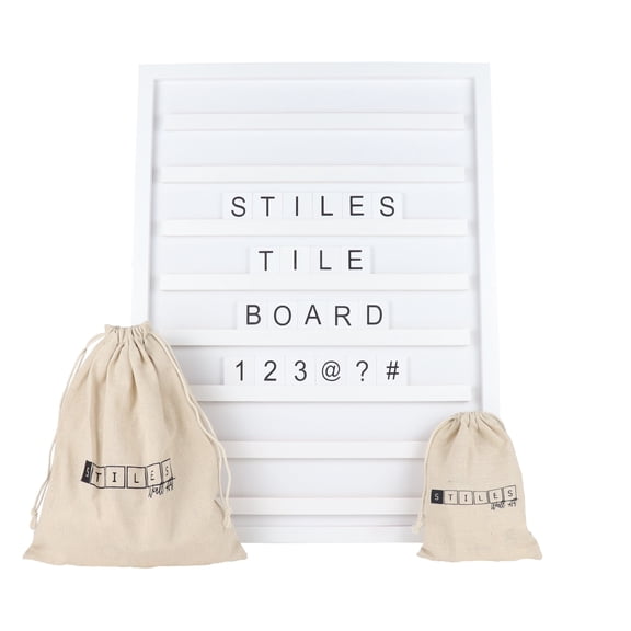 Stiles Tile Letter Board Set, Wooden Message Board with 122 Letters and Numbers for Celebrations, Baby Announcements, or Milestones, 23.6 by 17.7 Inches, White