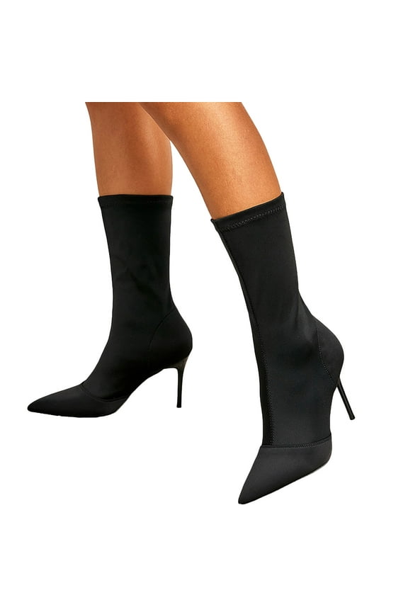 Stiletto Dress Boots for Women Ladies Winter Fall Pointed Toe Pumps Slip on Socks Mid Calf Short Booties