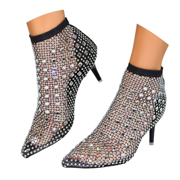 Stiletto Fishnet Rhinestones Boots for Women Ladies Sexy Sheer Pointed Toe High Heel Ankle Booties Party