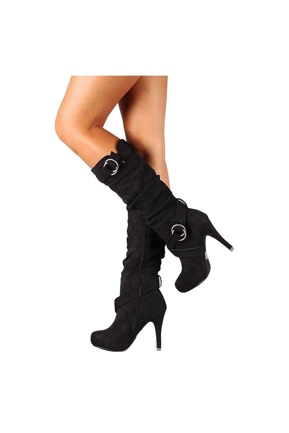 Stiletto Heels Platform Knee High Boots Women Slouchy Suede Fashion Buckle Strap Zip up Fall Winter Dress Mid Calf Booties Black 6.5